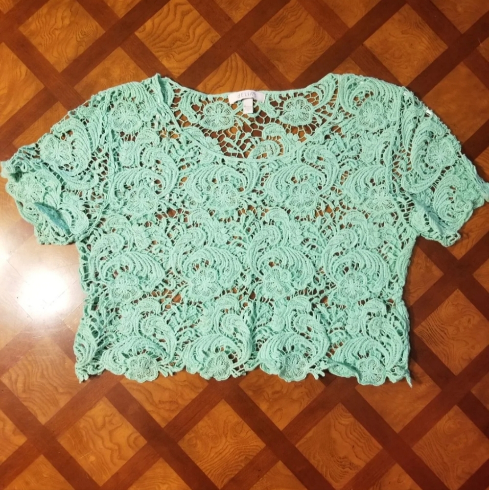 Knitted Crochet Short Sleeve Floral Lace Teal Crop Top - Delia's - Size Small